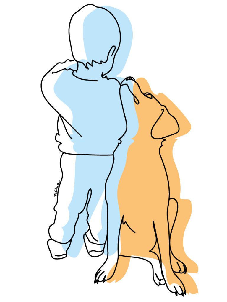 Dessin minimaliste d'un enfant et de son chien, un lien précieux en toute simplicité.